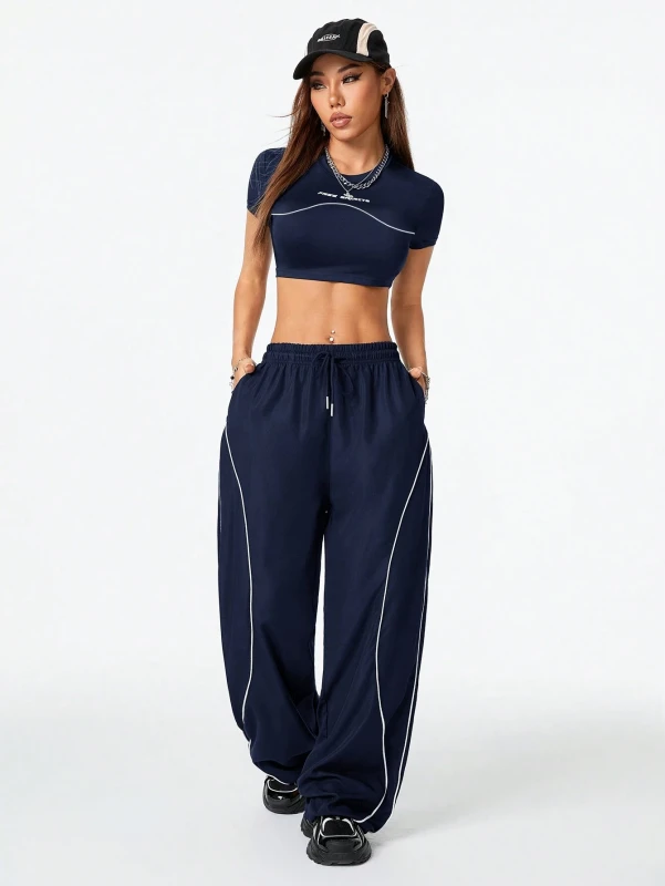 Coolane Women's Fall Back To School Going Out Casual Streetwear T-Shirt And Wide Leg Pants Blue Two Pieces Outfits