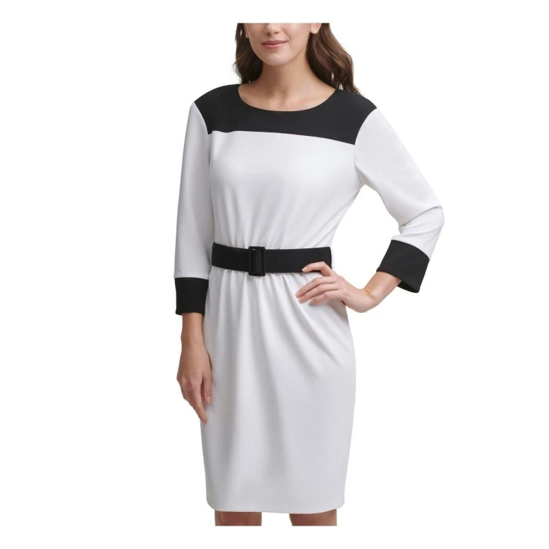 NEW Calvin Klein Black White Career Belted Sheath Dress Sz 6